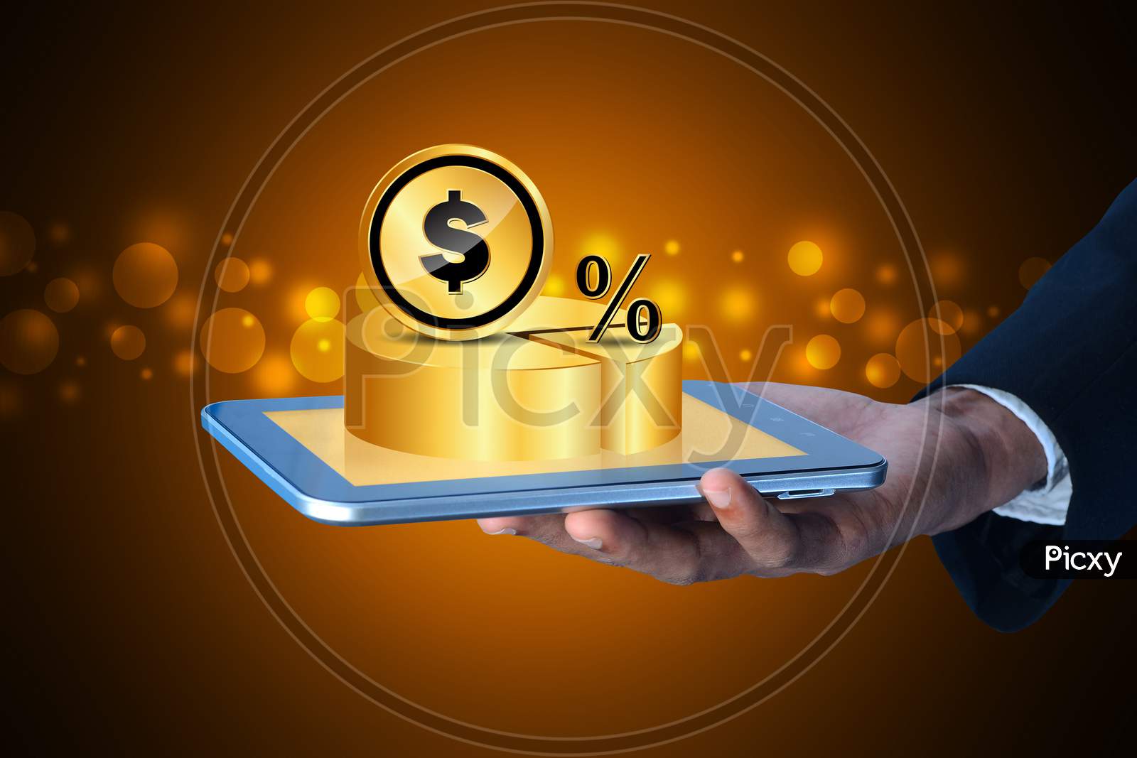 Close up shot of a Person's Hands Holding a Tablet or iPad with Pie Chart
