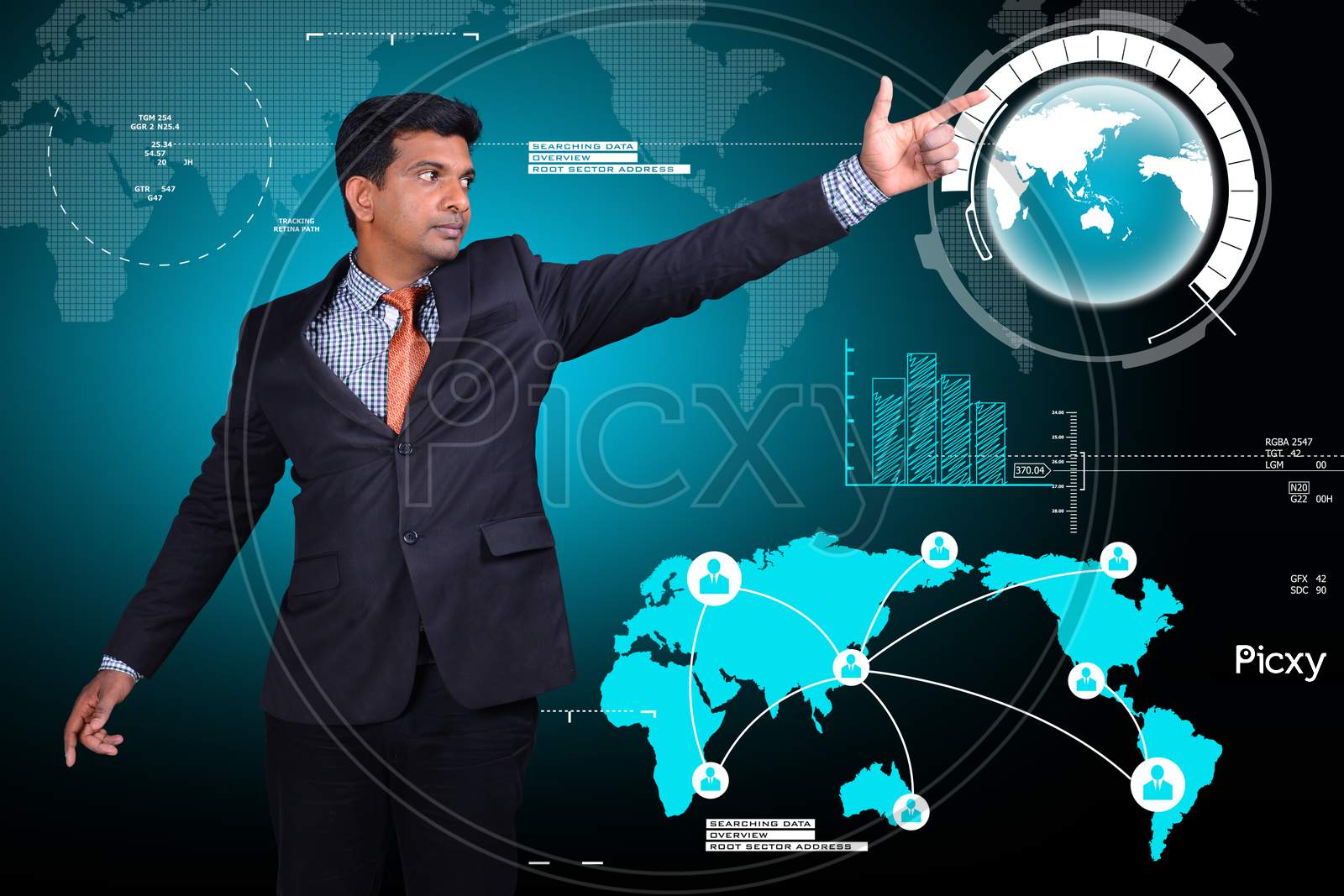A Young Indian Man Pointing towards a World Globe