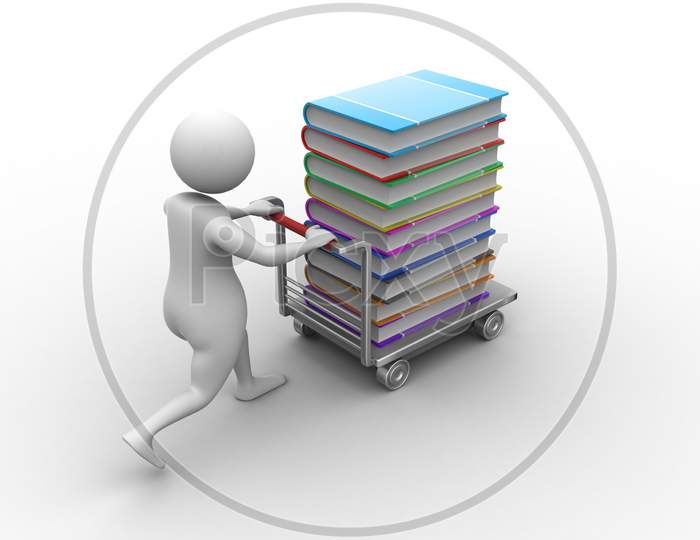 3d man pushing hand truck with books