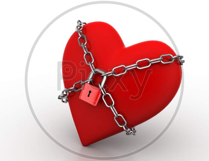 Red Heart Locked With Chain. Love Concept.