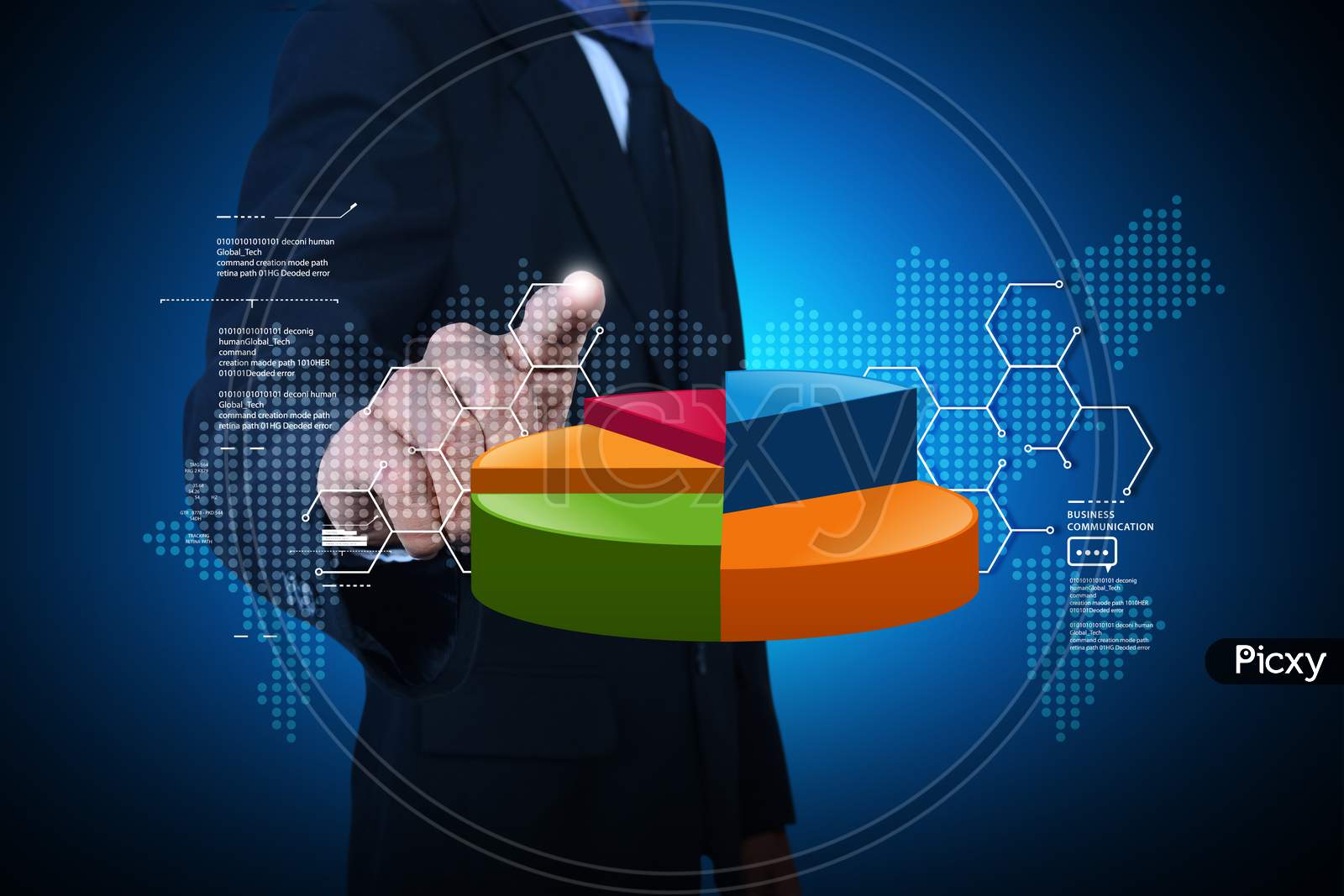 Business Man Showing Pie Chart In Color Background