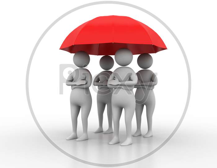 3D People Under A Red Umbrella, Team Work Concept