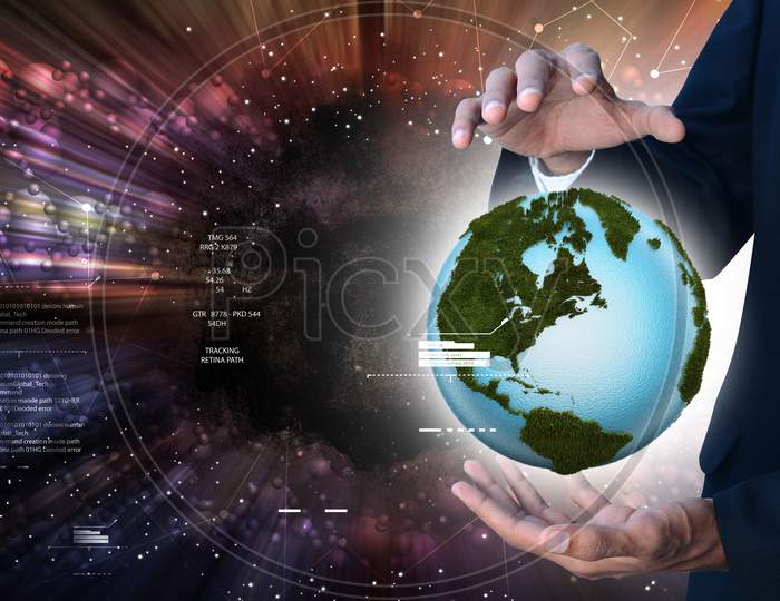 Businessman Hand Showing Digital Planet