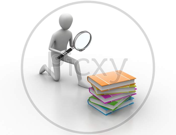 3D Man Searching Books Through The Magnifier