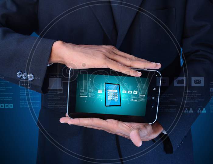Man Hand Showing Tablet Pc With Password Protection