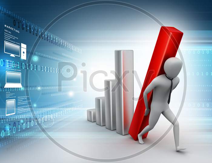 3D Man Holding Business Graph In Color Background