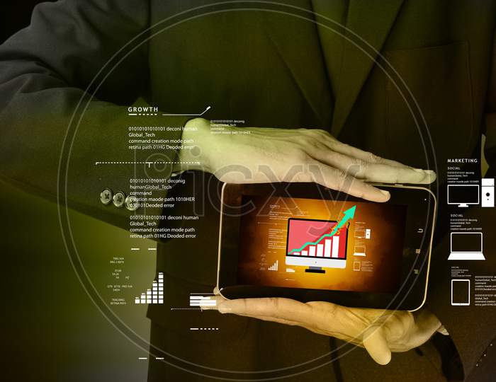 Man Showing Smart Phone With Successive Graph In Color Background