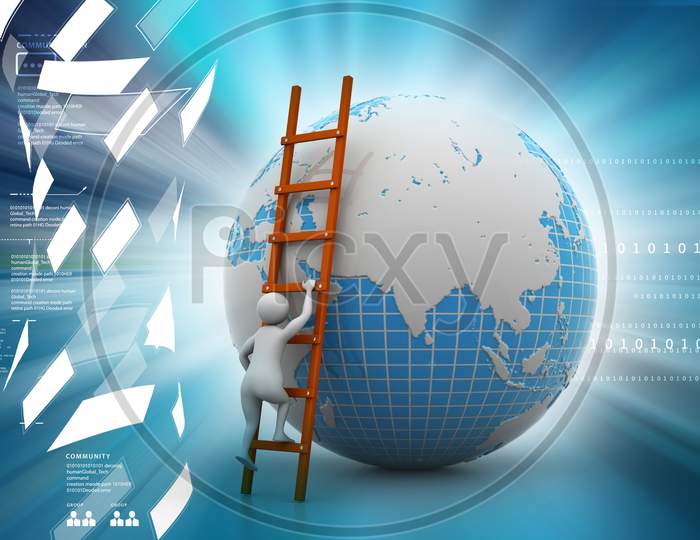3D Man Climbing The
Globe With The Help Of Ladder In Color Back Ground