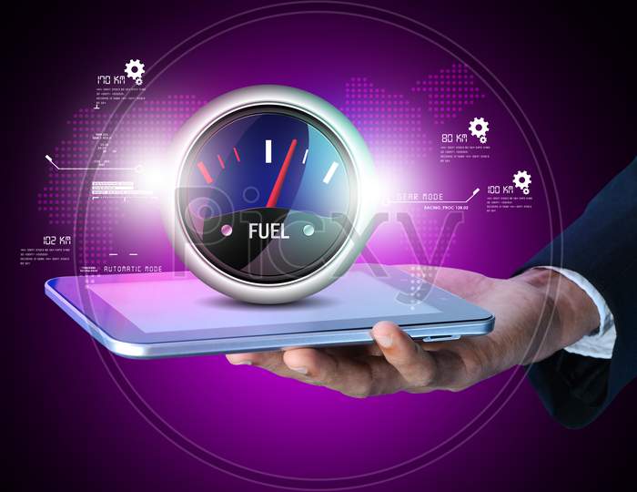 Close Up Shot Of A Man Holding A Tablet Or Ipad with Fuel Indicator
