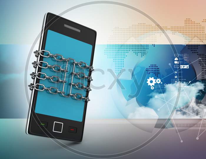 A Mobile phone locked with Chains - Concept of Mobile Security