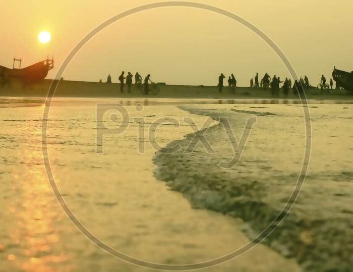Chittagong,Bangladesh - June 20 , 2020 : Rush Of People Enjoying Nature Sea Beach Sun Set At Saint Martin Island .