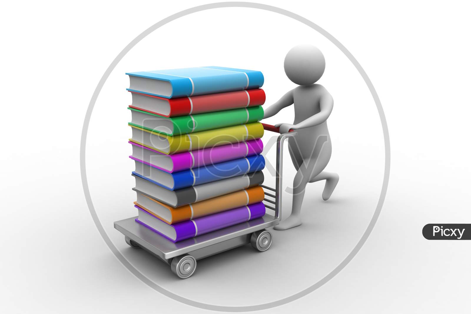 3d man pushing hand truck with books