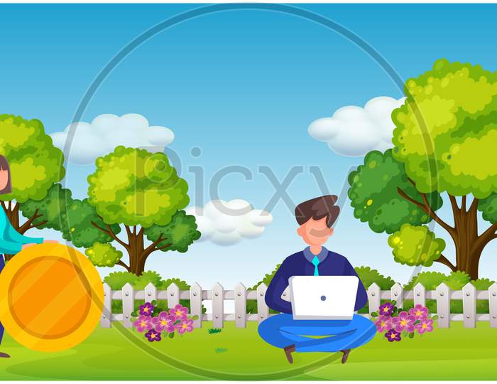 Girl Is Playing In The Garden And Boy Is Working On The Laptop