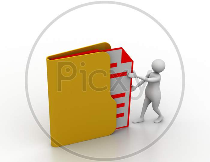 3D Man Inserting The File In Folder