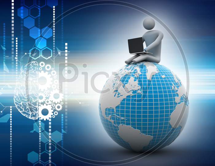 Business Man Sitting On Top Of The Globe In Color Background