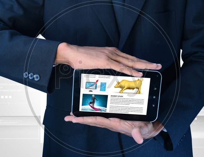 Man Showing The Stock Market Chart In Tablet Computer