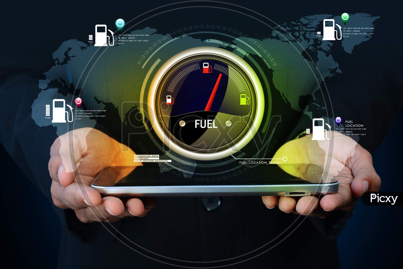 Close up shot of A Person's Hand Holding a Tablet or iPad with Fuel Indicator