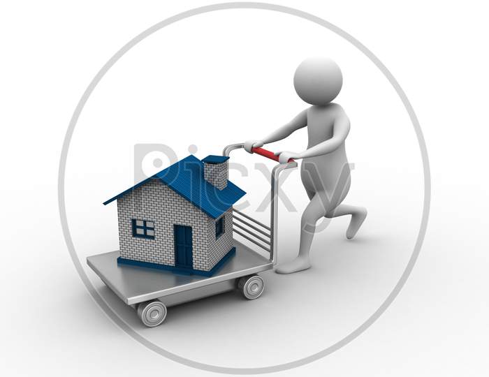 3d man pushing house in trolley
