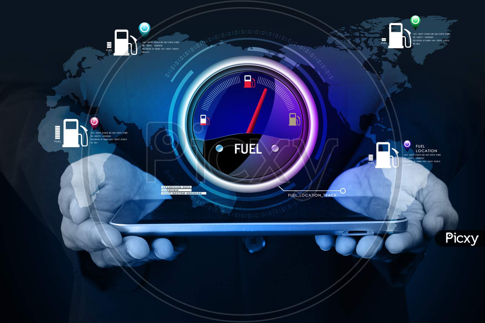 Close up shot of a Person's Hands holding Tablet or iPad with Fuel Indicator
