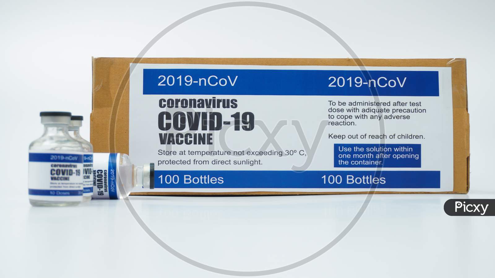 Covid-19 Corona Virus 2019-Ncov Vaccine Vials Medicine Drug Bottles Syringe Injection Box. Vaccination, Immunization, Treatment To Cure Covid 19 Corona Virus Infection. Medical Concept.