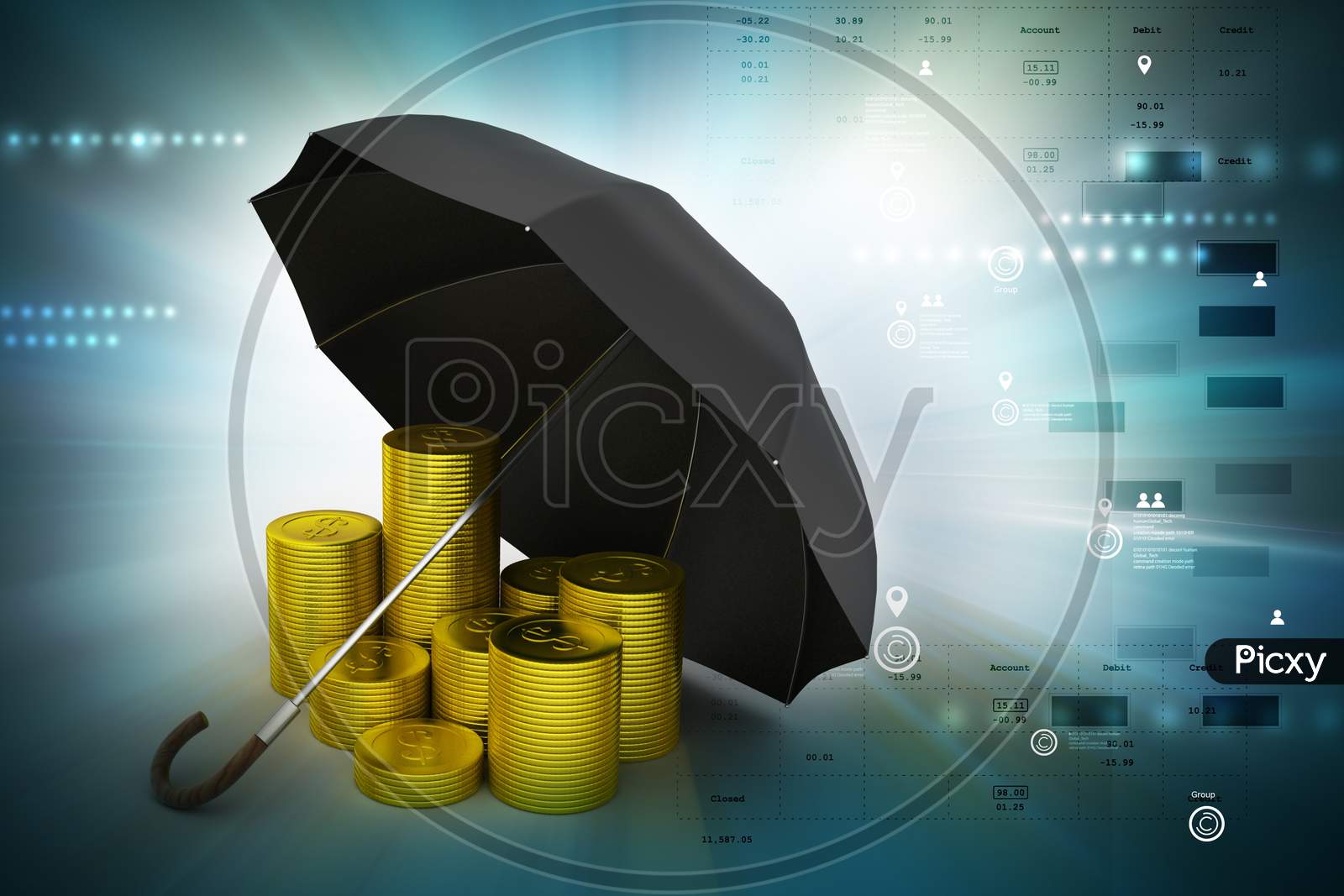 Gold coin with umbrella in color background