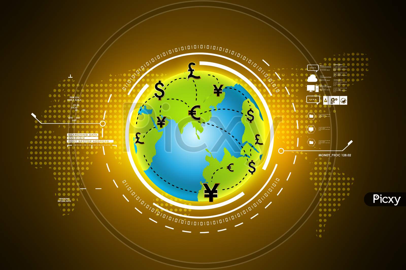 A 3D Globe with Yuan, Euro, Pound and Dollar Currency Symbols