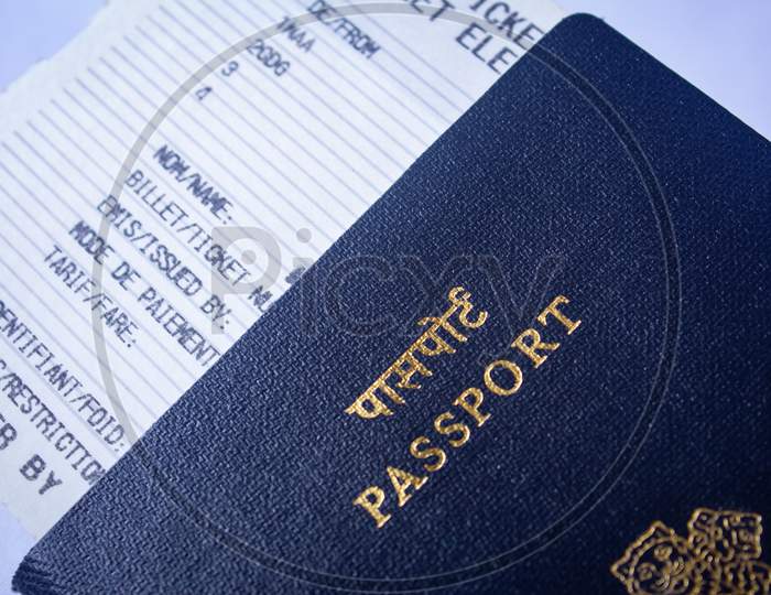 Valid Travel Document In Flight Boarding Pass And Passport. Republic Of India Passports.