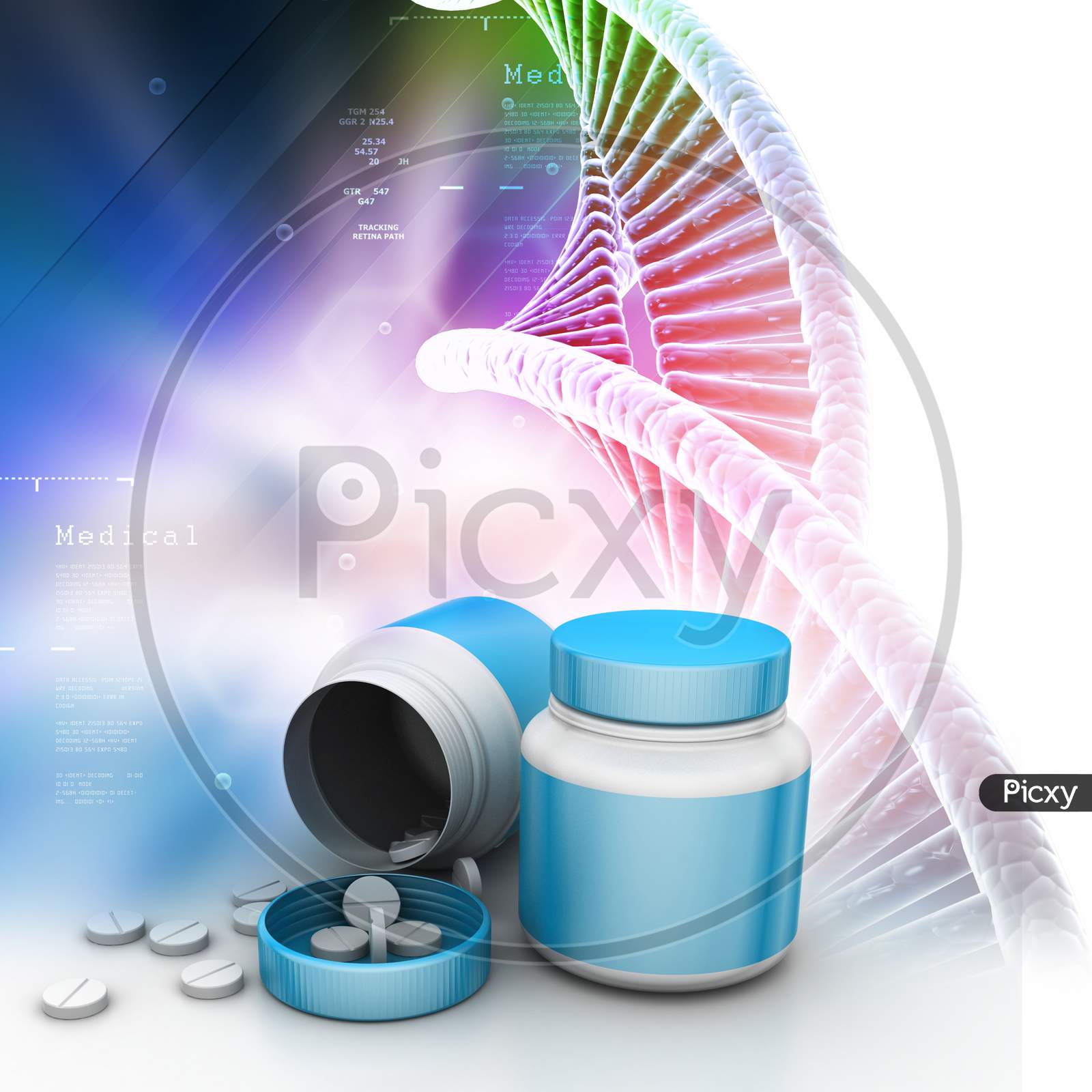Medicine And Bottle With Dna In Color Back Ground