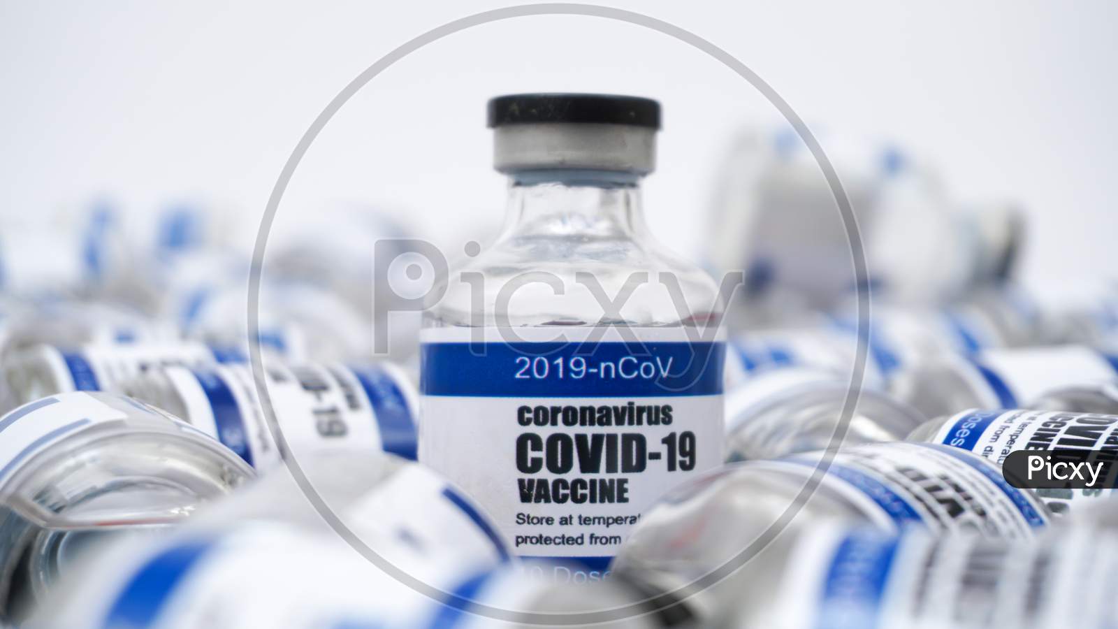 Covid-19 Corona Virus 2019-Ncov Vaccine Injection Vials Medicine Drug Bottles. Vaccination, Immunization, Testing, Treatment To Cure Covid-19 Corona Virus Infection. Healthcare And Medical Concept.