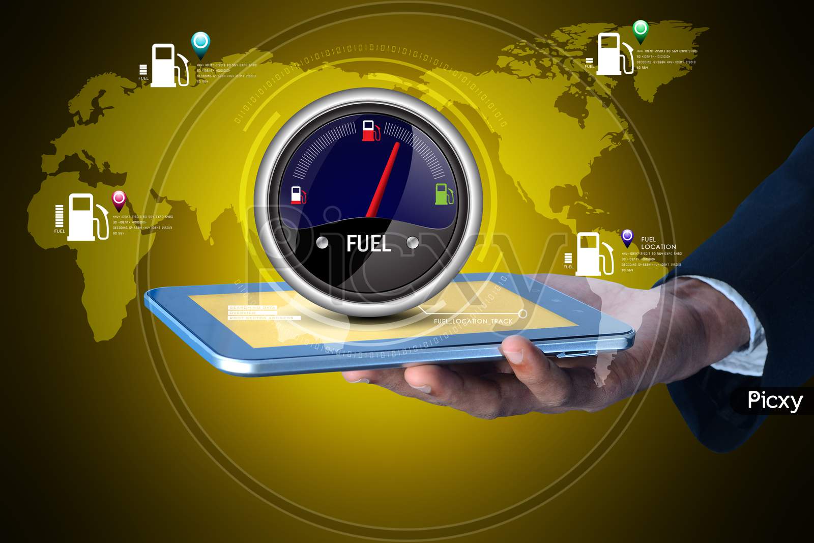 Close up shot of a person's hand holding iPad or Tablet with a Fuel Indicator