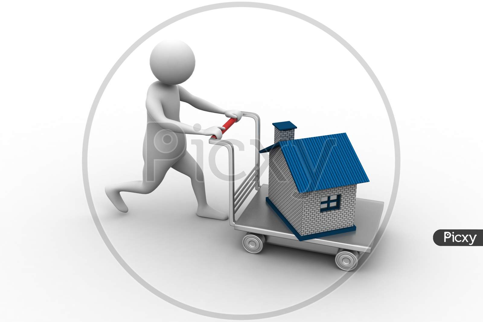 3d man pushing house in trolley