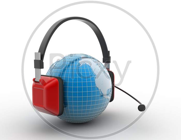 Headset With World Globe. Concept For Online Chat