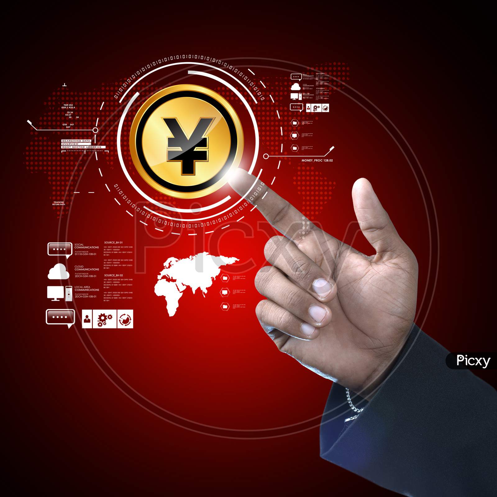 A Person pointing towards Yuan Currency Symbol