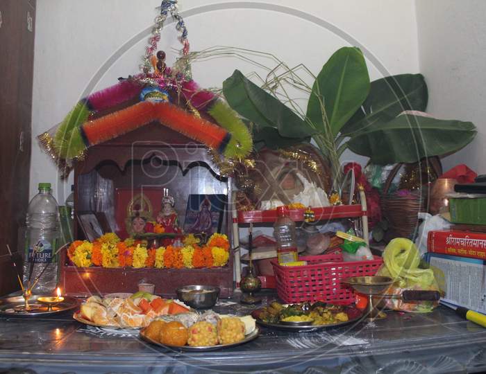 beautiful decorated temple inside an Indian home