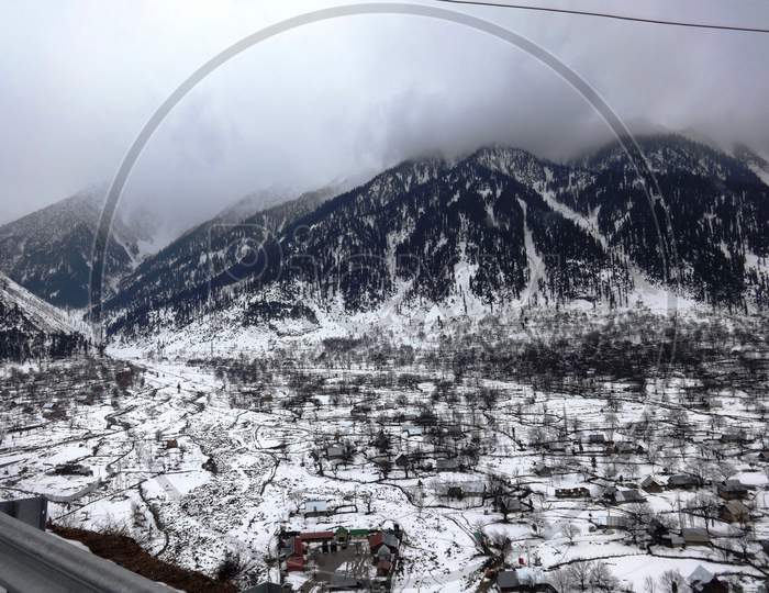 aerial view of the snow covered valley in Srinagar