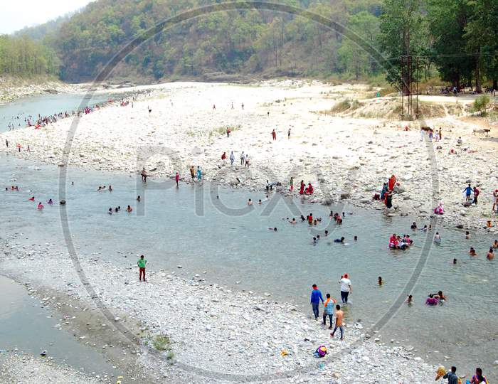 beautiful view of river Kosi people bathing before going the garjiya temple