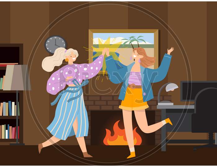Two Girls Are Dancing At Home