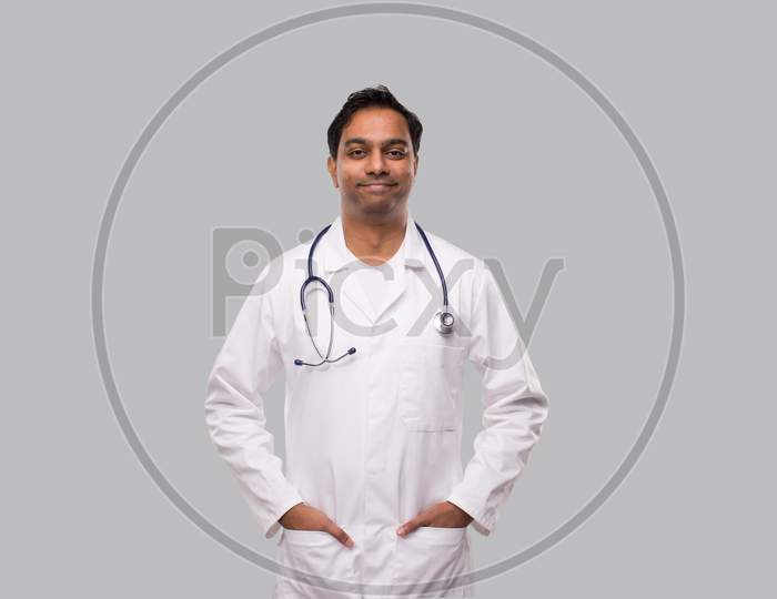 Male Doctor Portrait Standing Smiling. Isolated. Medical Concept