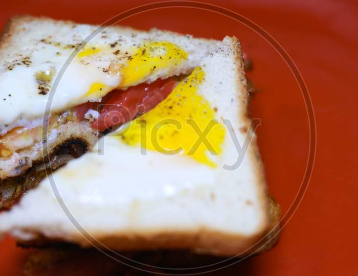 Stacked Egg Bread Sandwich In Red Colour Background