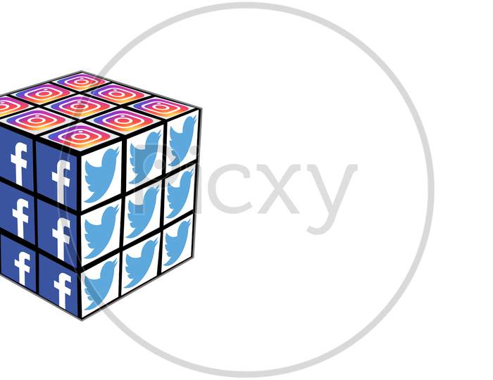 A Rubik Cube With Icons Of Facebook, Instagram And Twitter Conceptual Image On Social Media Day