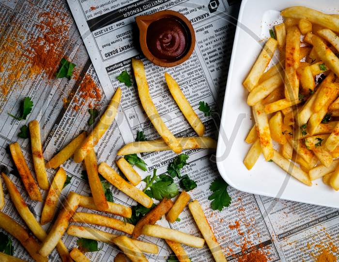 Yummy French Fries Served With Tomato Ketchup