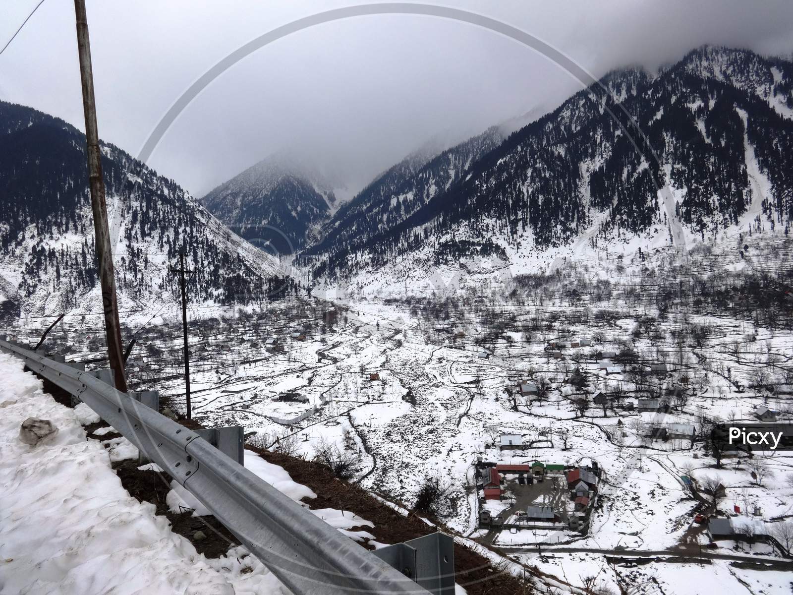 aerial view of the snow covered valley in Srinagar