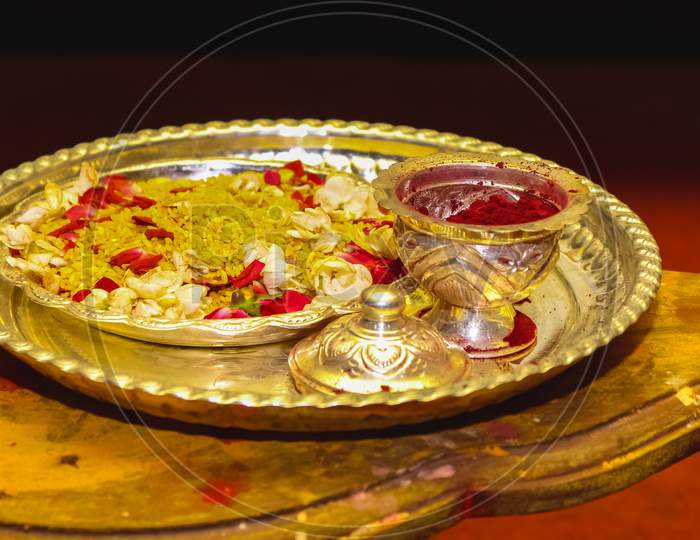 Silver Plates - Closeup Of A Traditional Silver Plate With Spices And Riceat A South Indian Hindu Wedding In India.