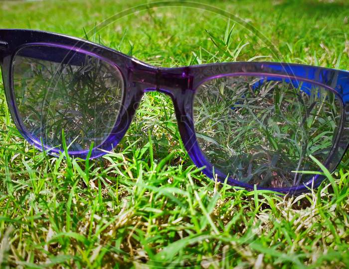 Blue Transparent Sun Glasses Or Specs Placed On Green Grass Or Weed Surface In A Garden