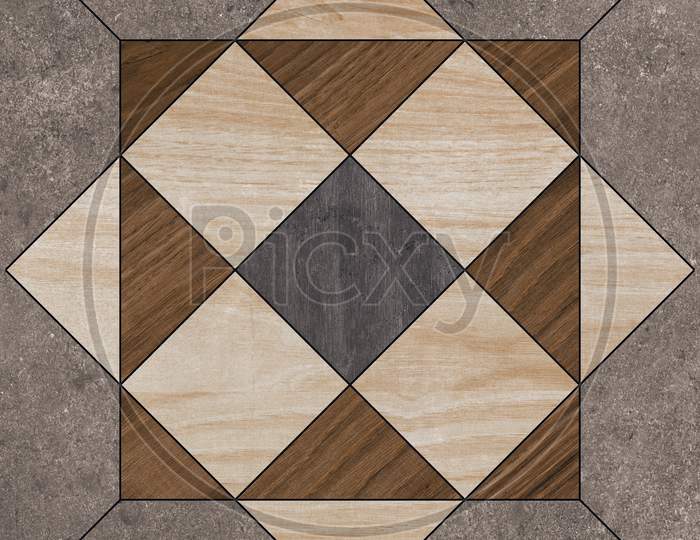 Wooden Geometric Shapes Mosaic Decor Tile With Stone Border.