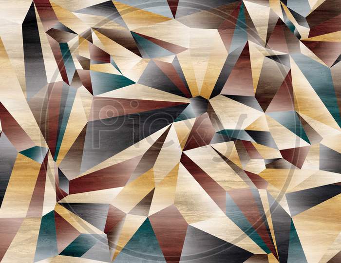 Multicolor Wooden Abstract Triangles Backdrop, 3D Rendering Geometric Polygons Background.