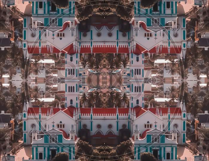 upside-down image of Tamilnadu church building and its reflections at Ariel view, parallel universe shot,Tourism and historical buildings in Tamilnadu, India