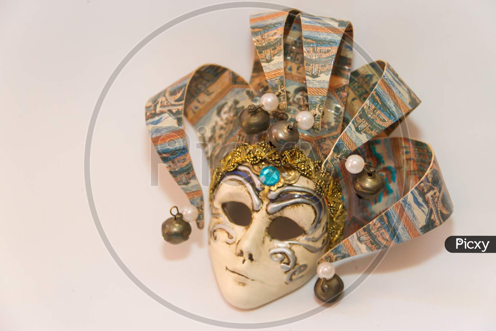 Masks And Feathers Of Venice Carnival On White Background