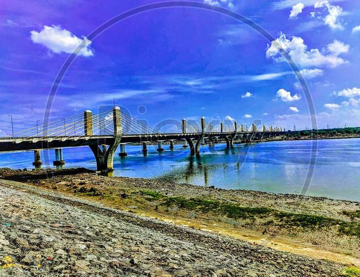 View Of A Narmada River And Cable Bridge Of Gujarat