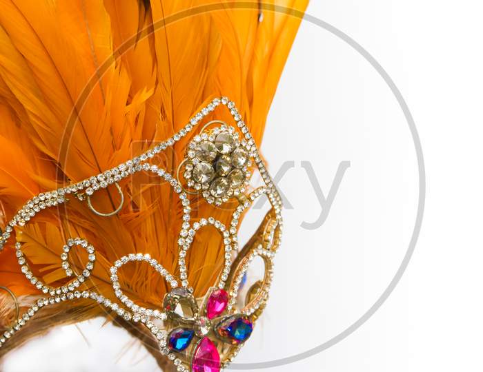 Helmet Decorated With Bright Stones And Faisan Feathers For Carnival